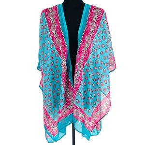 India Boutique Teal Pink Handkerchief Print Chiffon Kimono Free Size Cover-Up